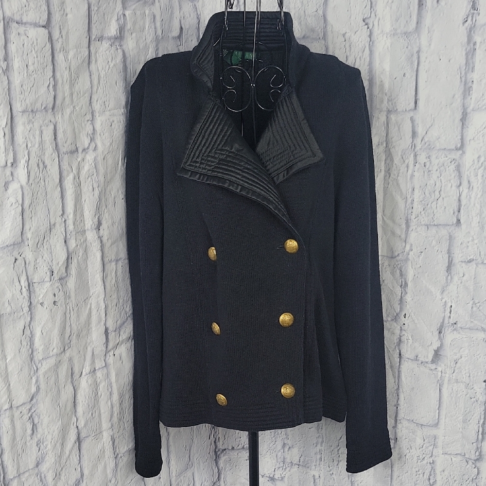 Lauren Ralph Lauren Black Knit Peacock‎ Gold Buttons Jacket Large